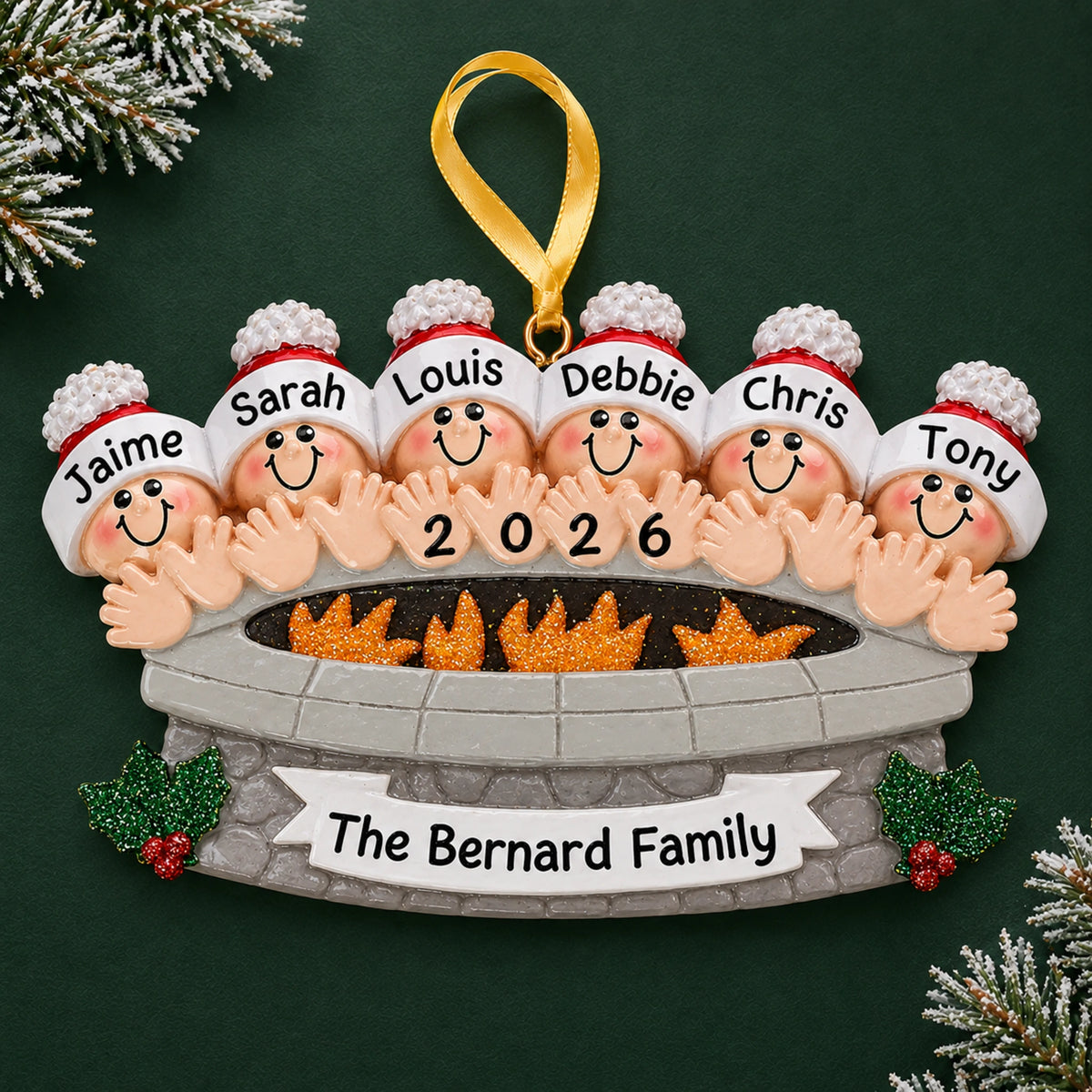 Personalized fire pit family of 6 christmas ornament with six named figures around a glowing fire pit