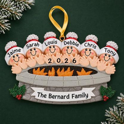 Personalized fire pit family of 6 christmas ornament with six named figures around a glowing fire pit