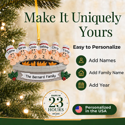 Make It Uniquely Yours: personalize the fire pit family of 6 ornament with names, family name and year