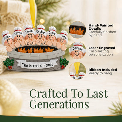 Crafted to last generations, hand-painted and laser-engraved fire pit family of 6 ornament with ribbon