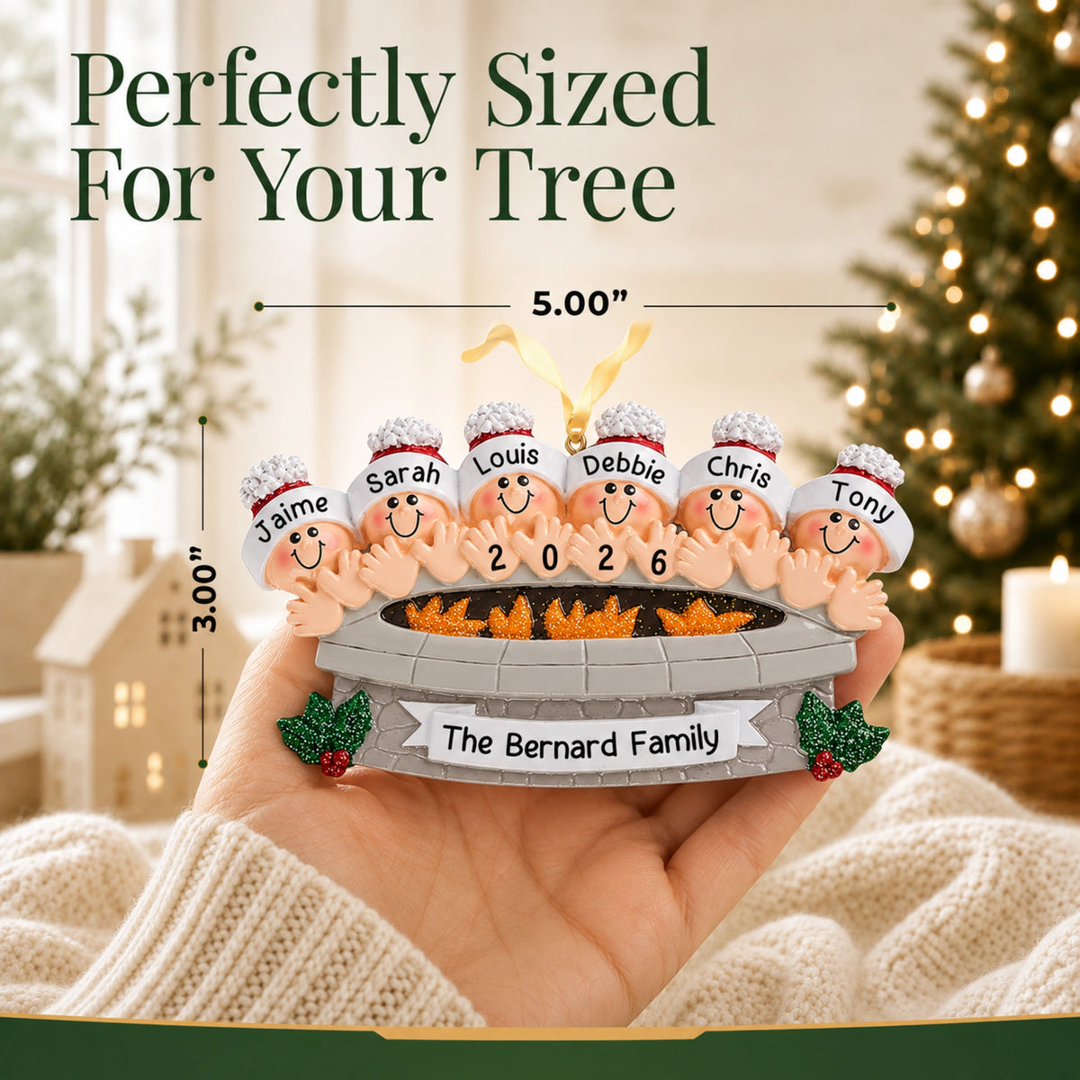 Perfectly sized at 5.00 by 3.00 inches, fire pit family of 6 personalized ornament held in hand