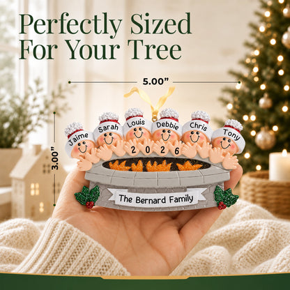 Perfectly sized at 5.00 by 3.00 inches, fire pit family of 6 personalized ornament held in hand