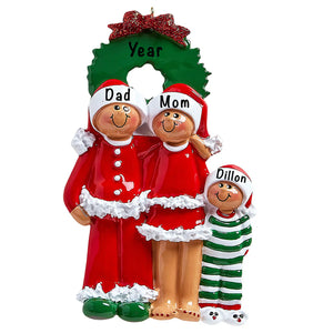Personalized ethnic family of 3 Christmas ornament, a Black family of three hand-lettered with three names and the year.