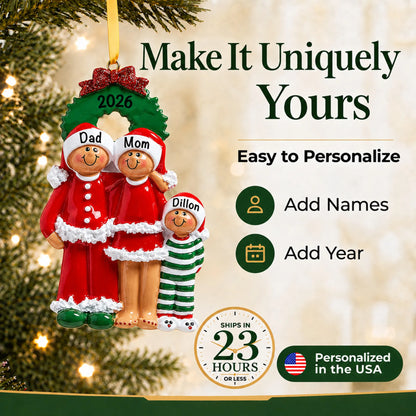 Make it yours: add names and year to the personalized ethnic family of 3 christmas ornament