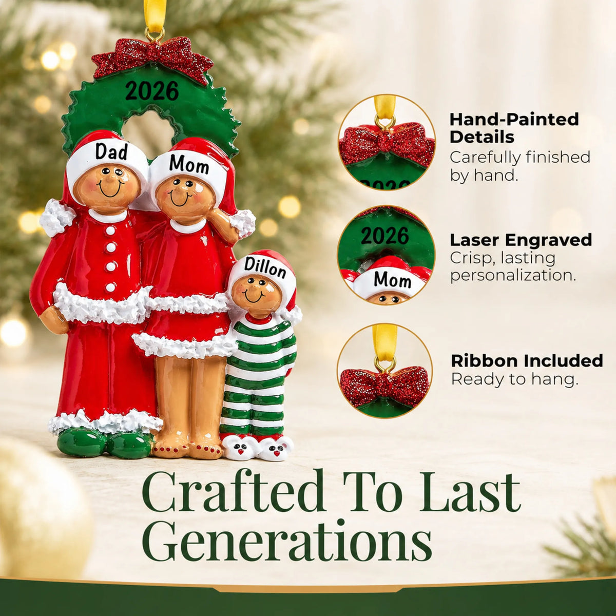 Hand-painted details and laser engraved personalization on the ethnic family of 3 christmas ornament, ribbon included