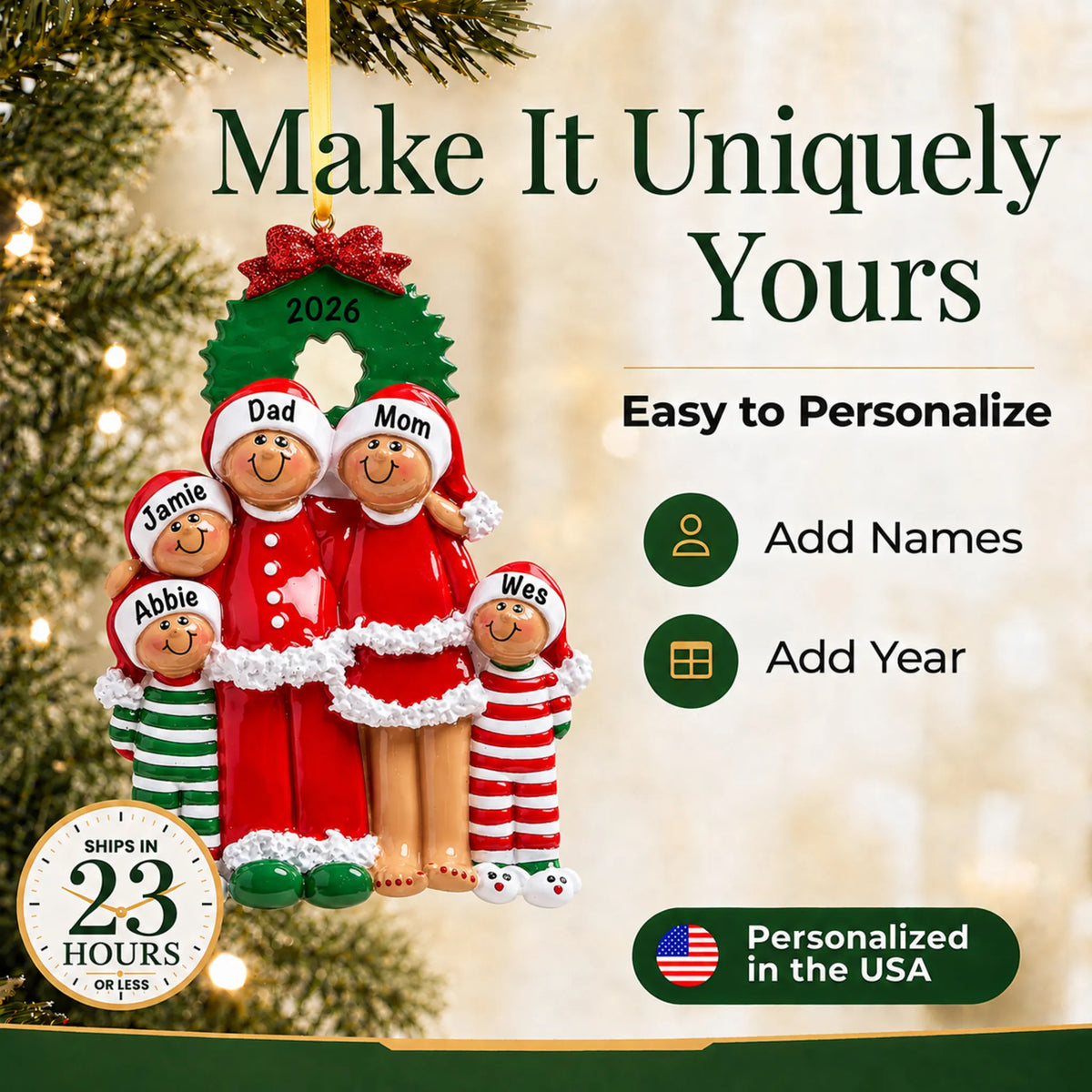 Make it yours: add names and year to the personalized ethnic family of 5 christmas ornament