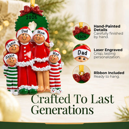 Hand-painted details and laser engraved personalization on the ethnic family of 5 christmas ornament, ribbon included