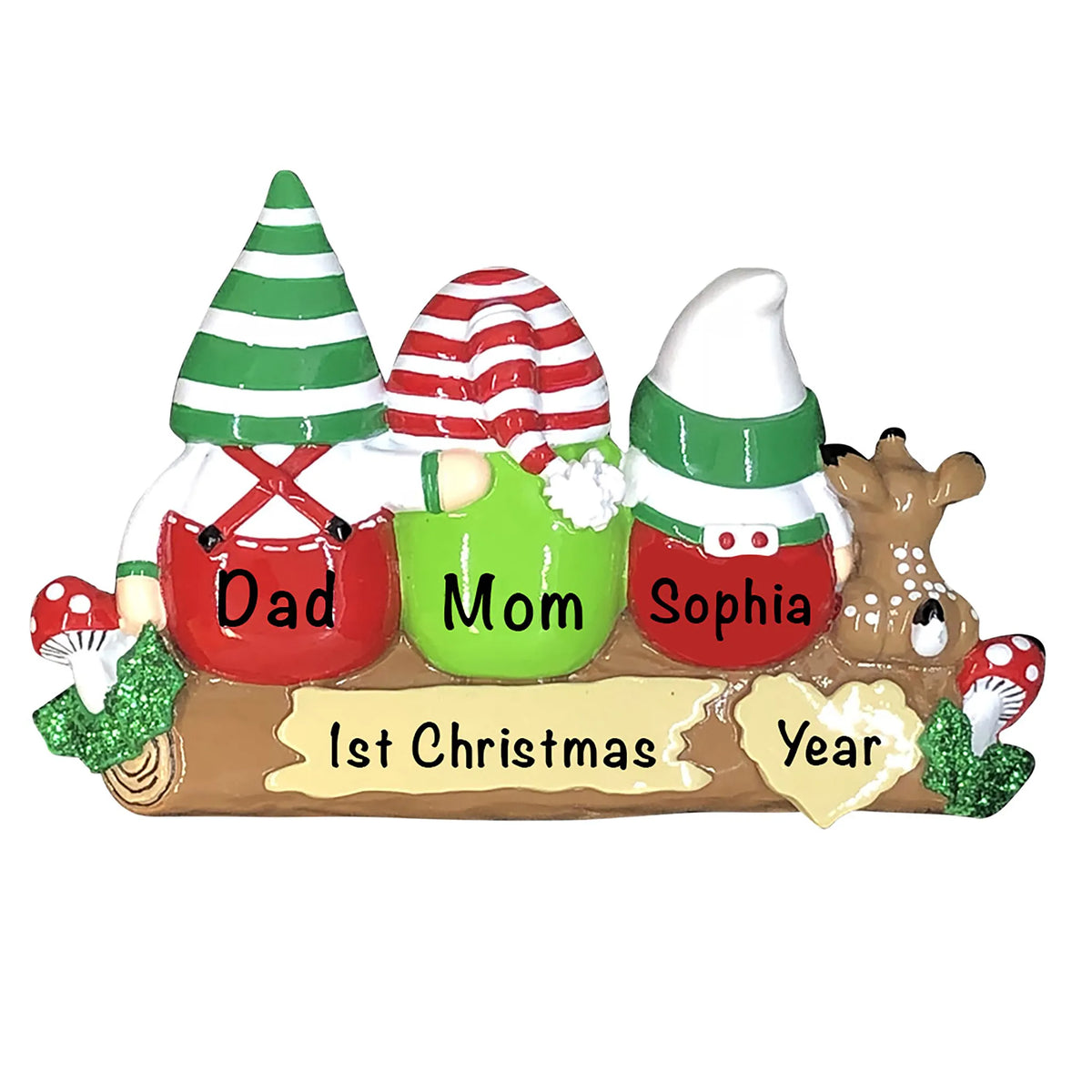 Personalized gnome family of 3 christmas ornament with names