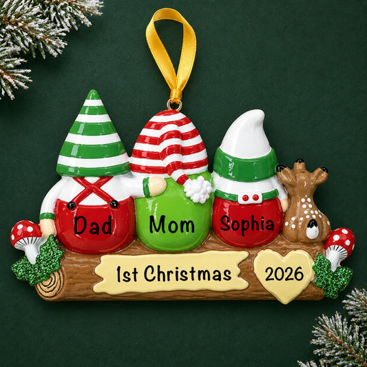 Personalized gnome family of 3 Christmas ornament with hand-painted gnomes, names and 1st Christmas 2026