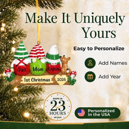 Gnome family of 3 Christmas ornament, easy to personalize with names and year, ships in 23 hours