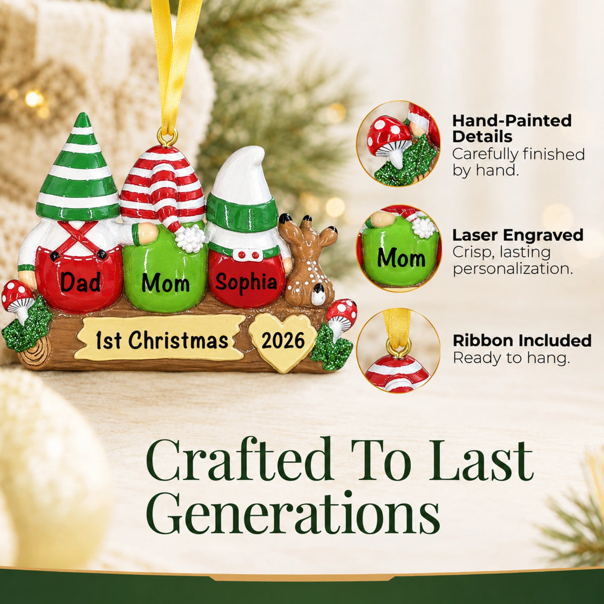 Hand-painted, laser-engraved gnome family of 3 ornament crafted to last generations