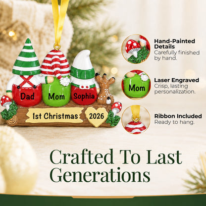 Hand-painted, laser-engraved gnome family of 3 ornament crafted to last generations