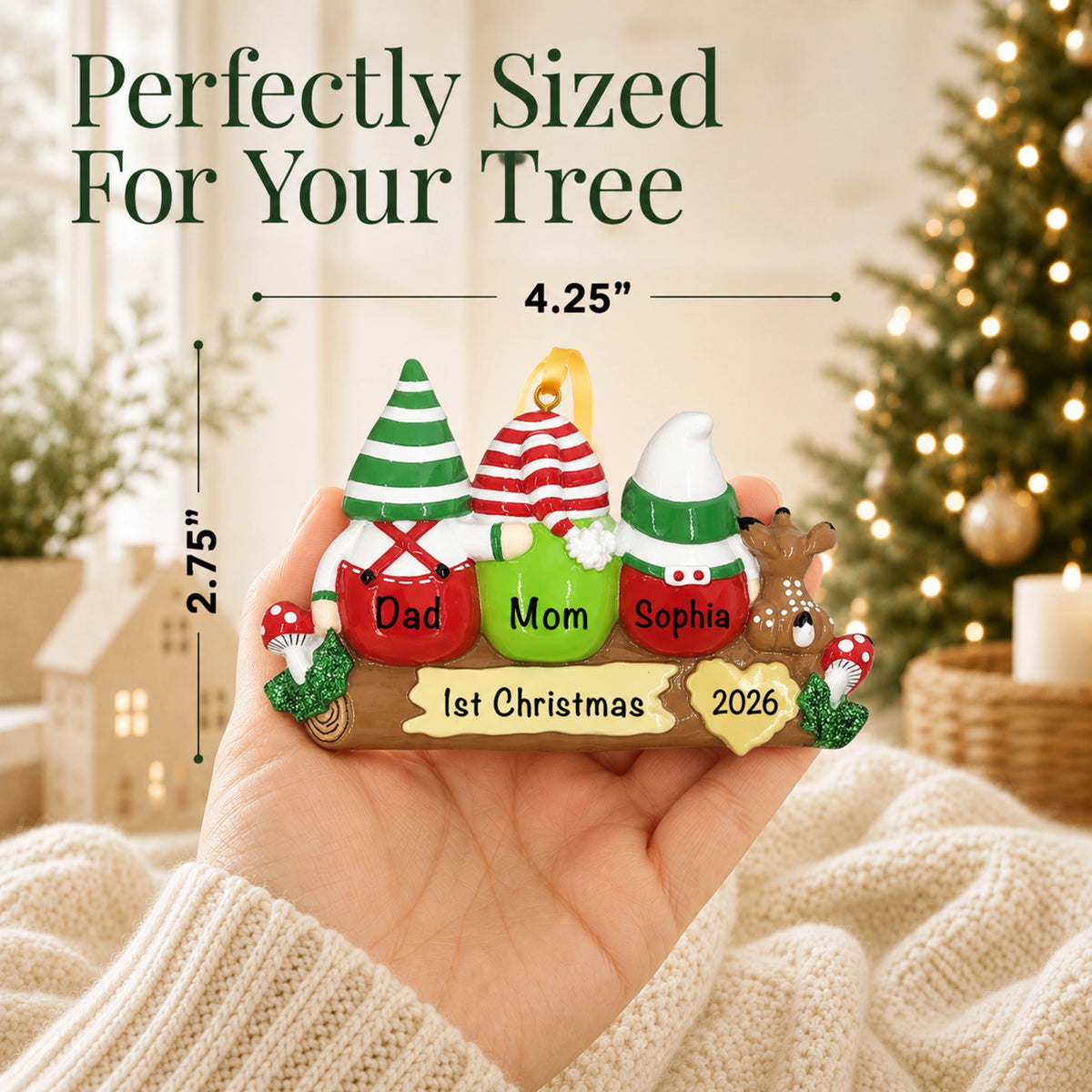 Hand holding gnome family of 3 ornament, 4.25 by 2.75 inches, perfectly sized for your tree