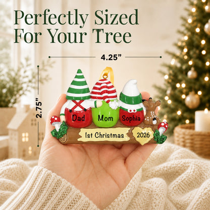 Hand holding gnome family of 3 ornament, 4.25 by 2.75 inches, perfectly sized for your tree