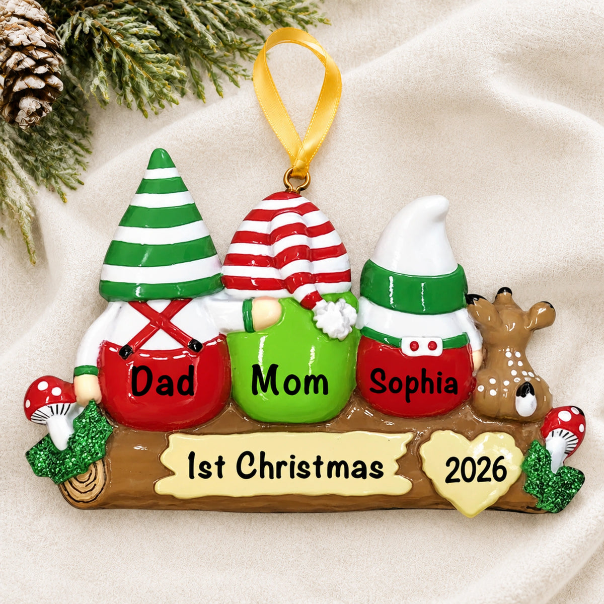 Personalized gnome family of 3 Christmas ornament with names on a soft blanket