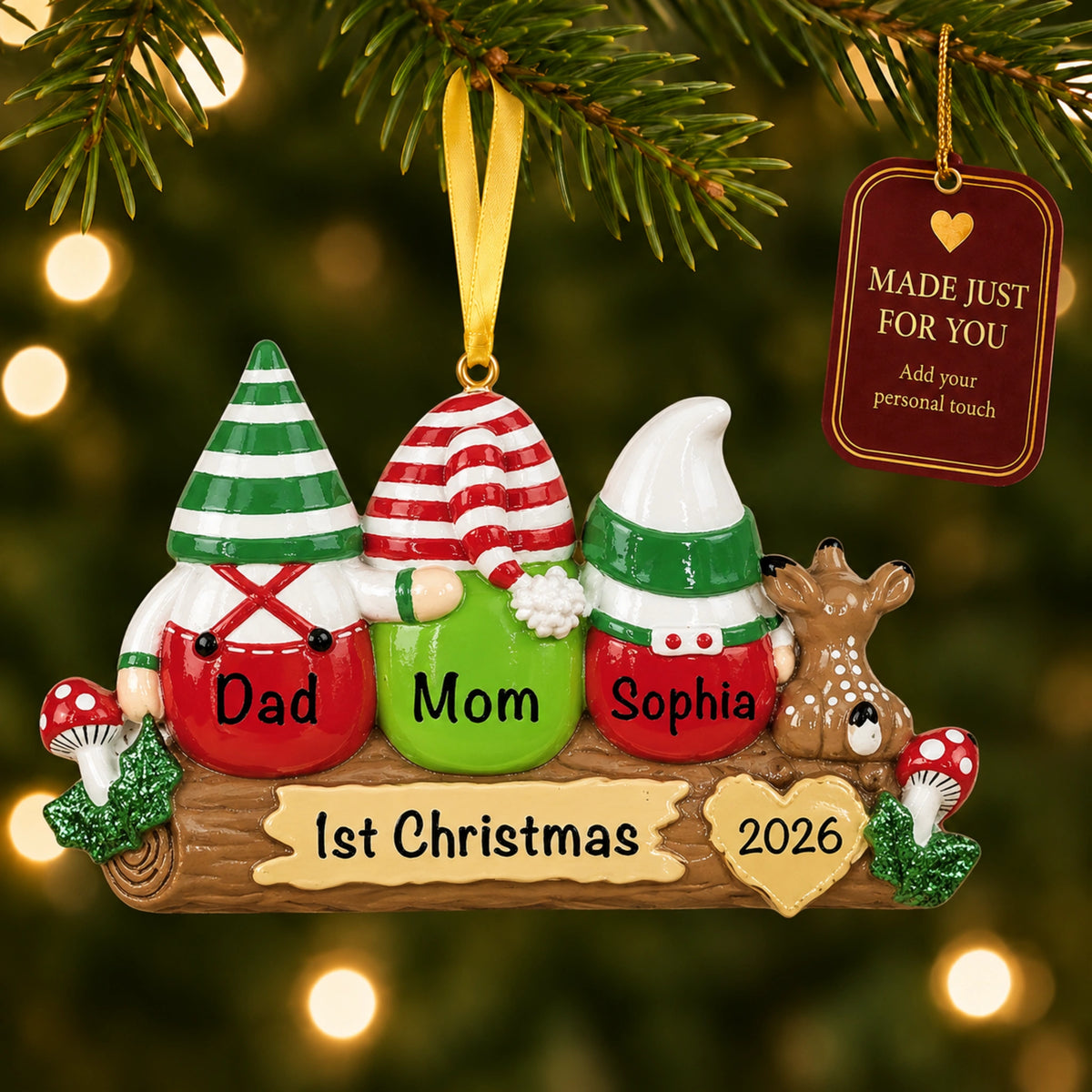 Personalized gnome family of 3 ornament hanging on a tree with Made Just For You tag