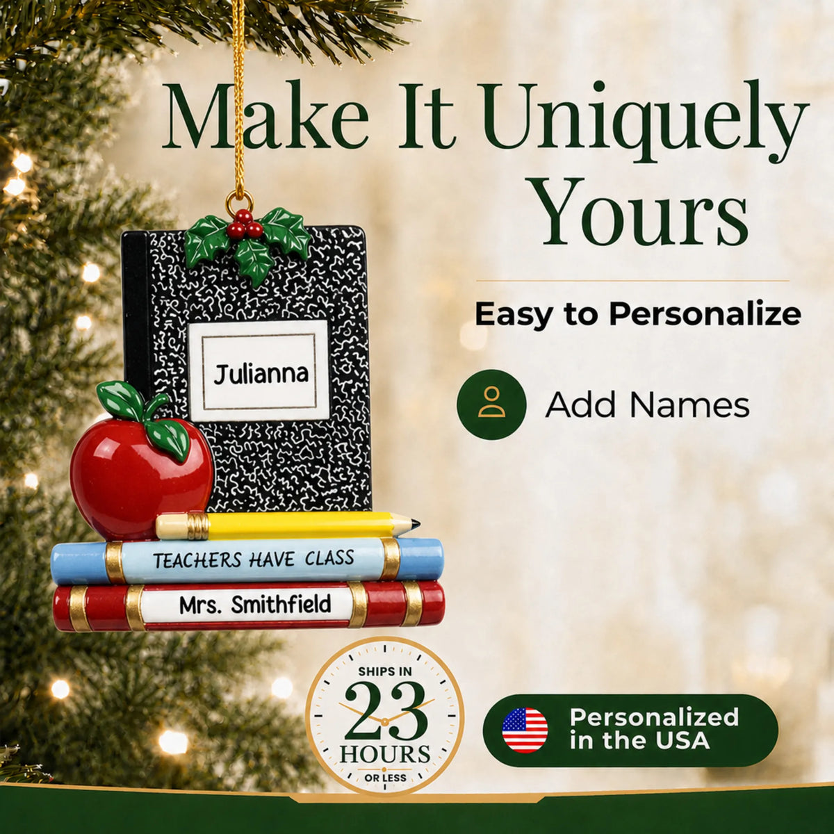 Personalize the Teachers Have Class Christmas ornament with your details, ships in 23 hours, personalized in the USA