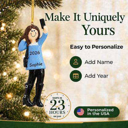 Make it yours: add name and year to the personalized selfie girl christmas ornament