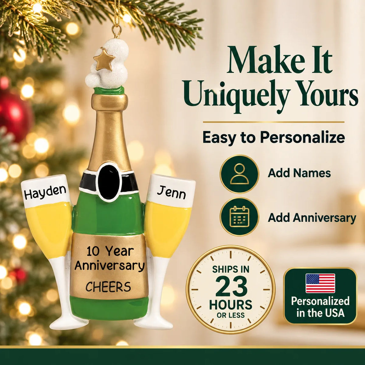 Personalized champagne anniversary Christmas ornament: add two names and the anniversary, personalized in the USA
