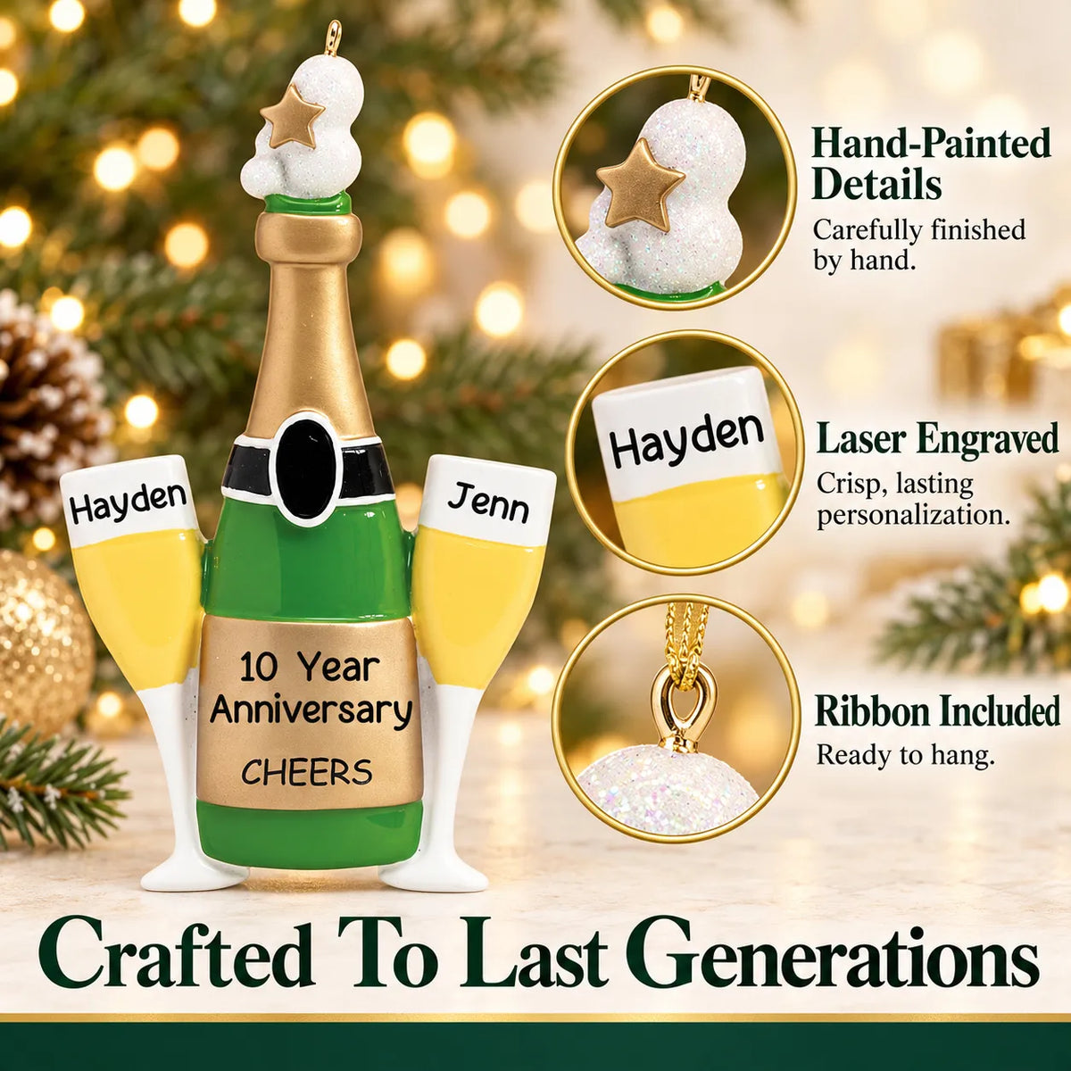 Personalized champagne anniversary Christmas ornament details: hand-painted finish, laser engraving, ribbon included