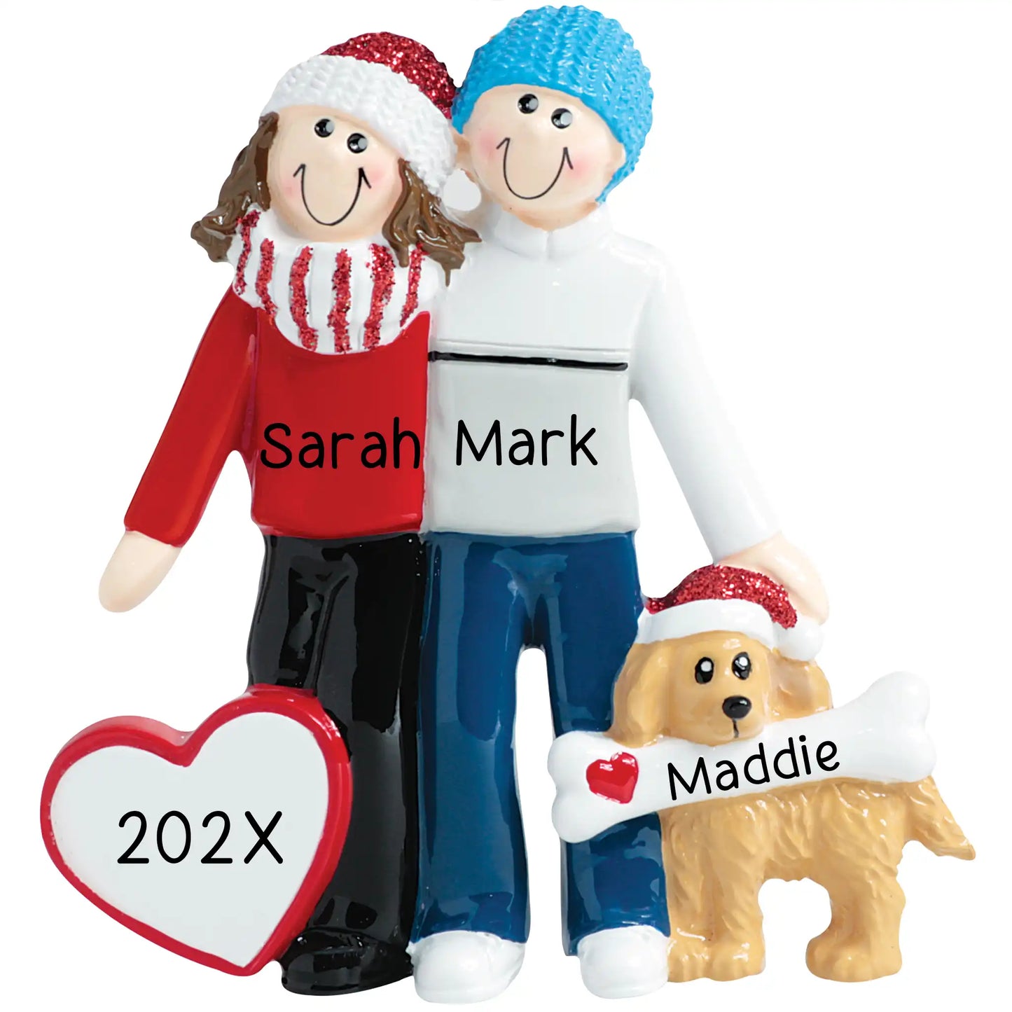 Personalized Christmas ornament featuring a couple hugging next to a dog wearing a Santa hat and holding a bone, with a blank white heart ready for custom name and year engraving.