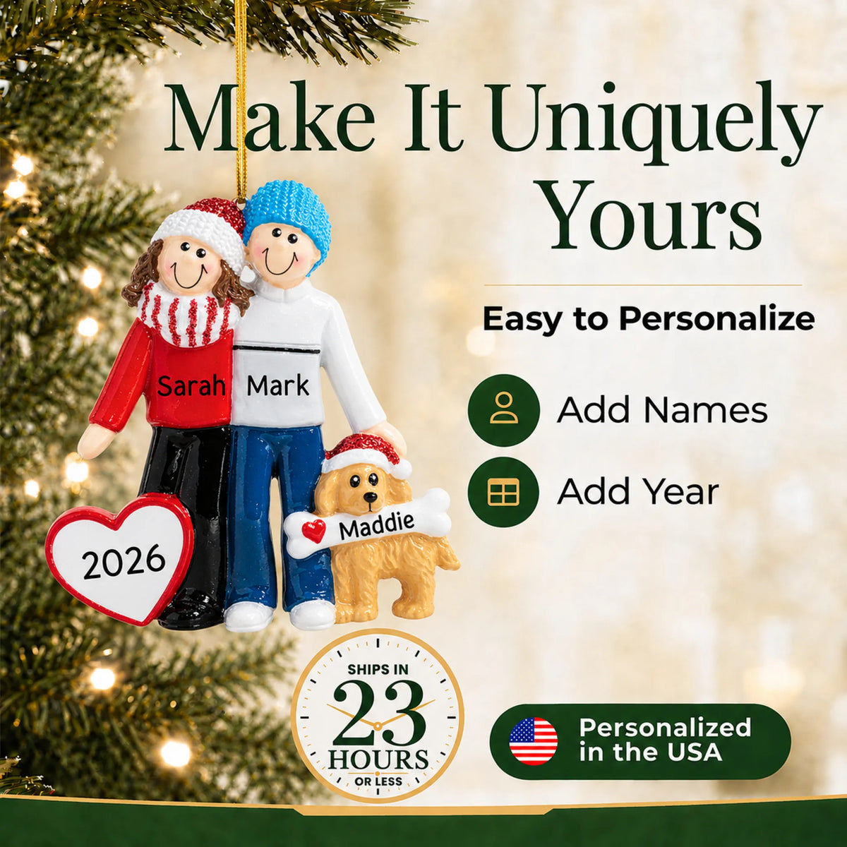Make it yours: add names to the personalized winter couple with dog christmas ornament