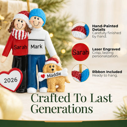 Hand-painted details and laser engraved personalization on the winter couple with dog christmas ornament, ribbon included