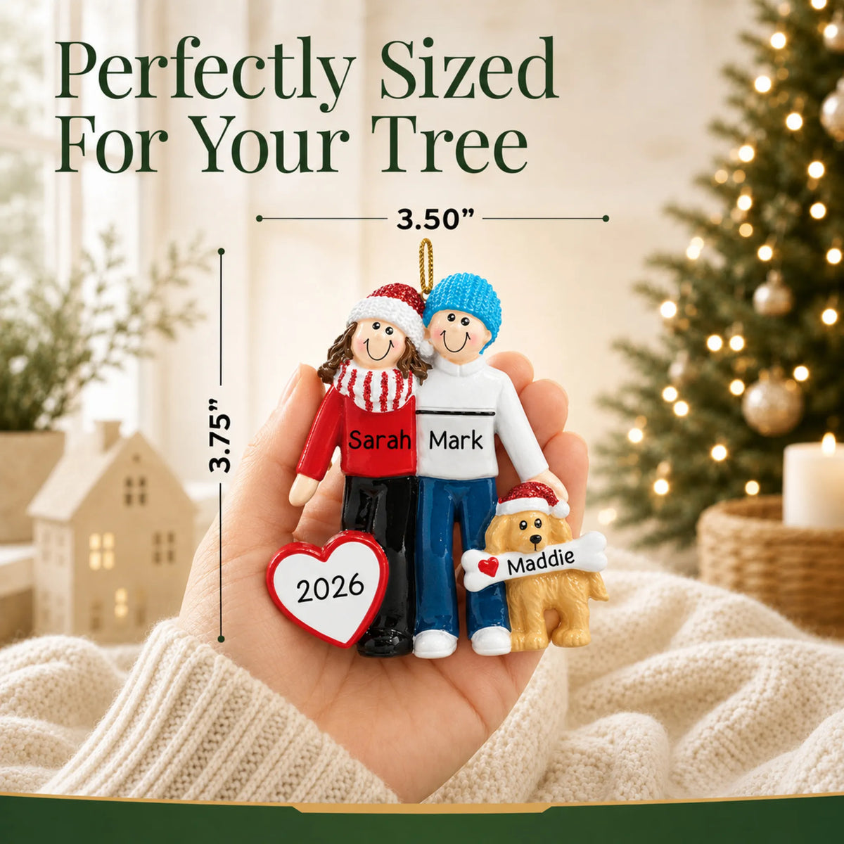 Size guide: the personalized winter couple with dog christmas ornament is 3.50 in wide by 3.75 in tall, shown in hand