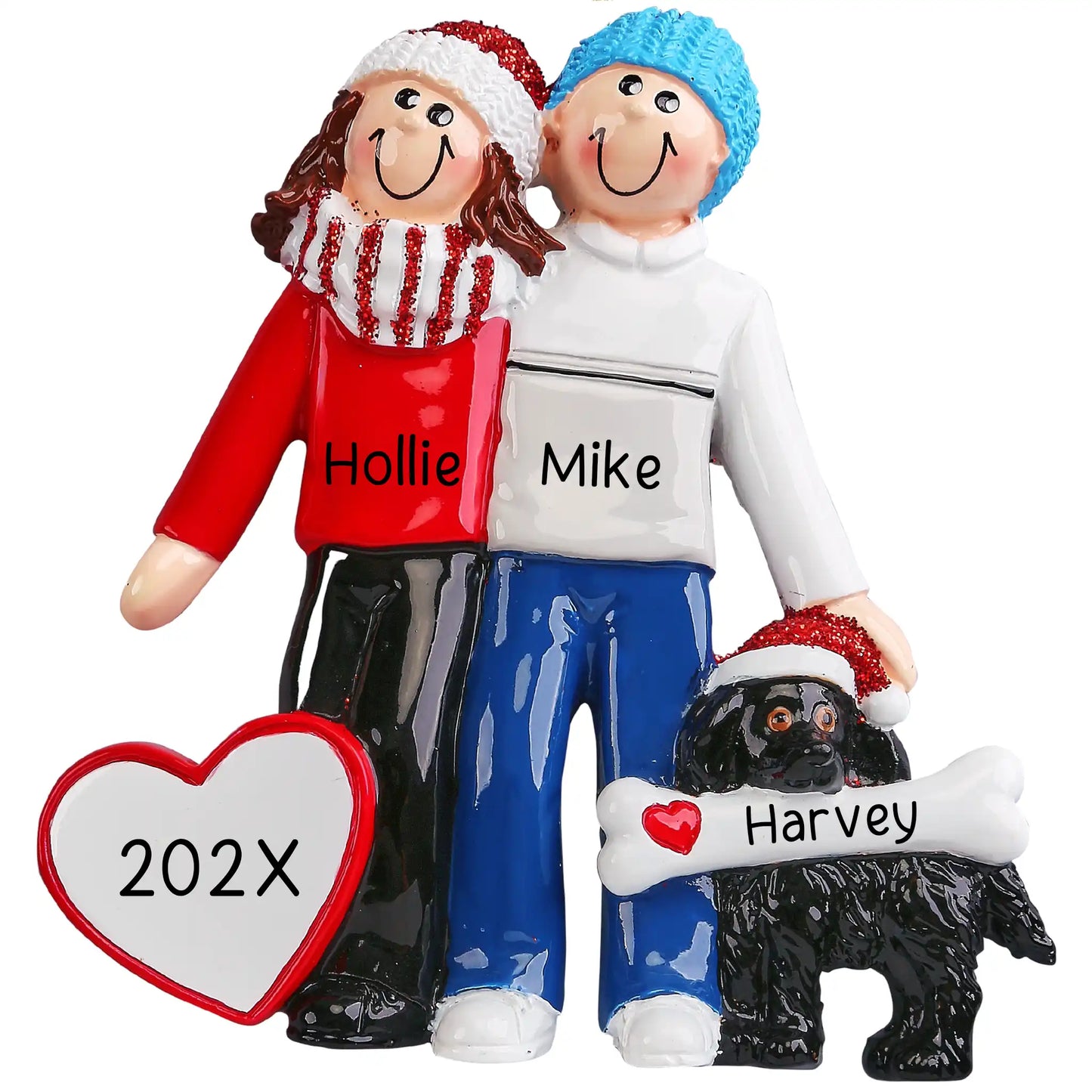 Personalized Christmas ornament featuring a couple hugging next to a black dog wearing a Santa hat and holding a bone, with a blank white heart ready for custom name and year engraving.