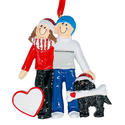 Winter Couple with Black Dog Christmas Ornament