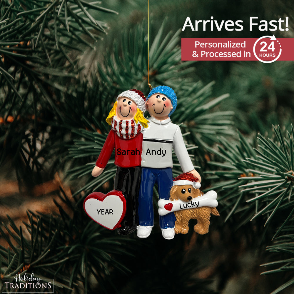 Couple with Dog Christmas Ornament - Blonde