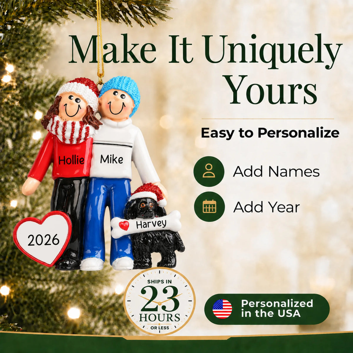 Make it yours: add names to the personalized winter couple with black dog christmas ornament