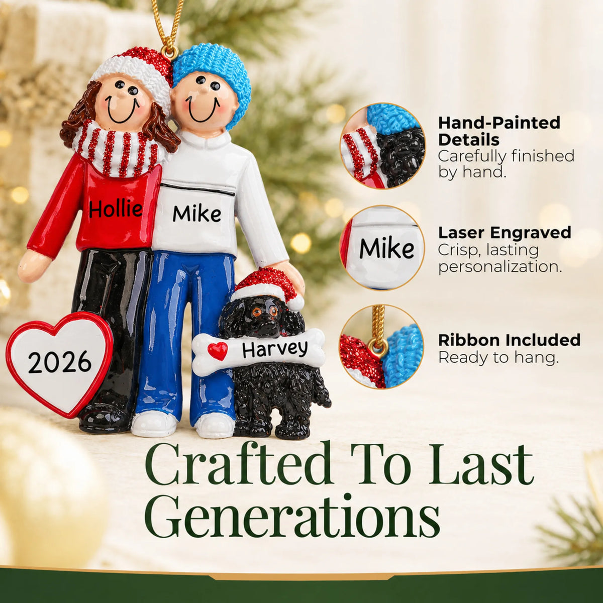 Hand-painted, laser engraved winter couple with black dog christmas ornament, ribbon included