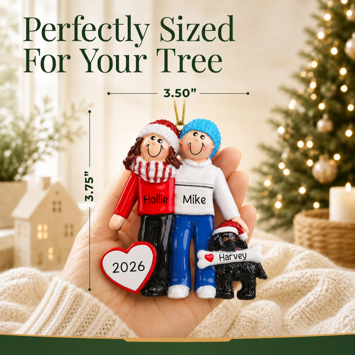 Size guide: the personalized winter couple with black dog christmas ornament is 3.50 in wide by 3.75 in tall, shown in hand
