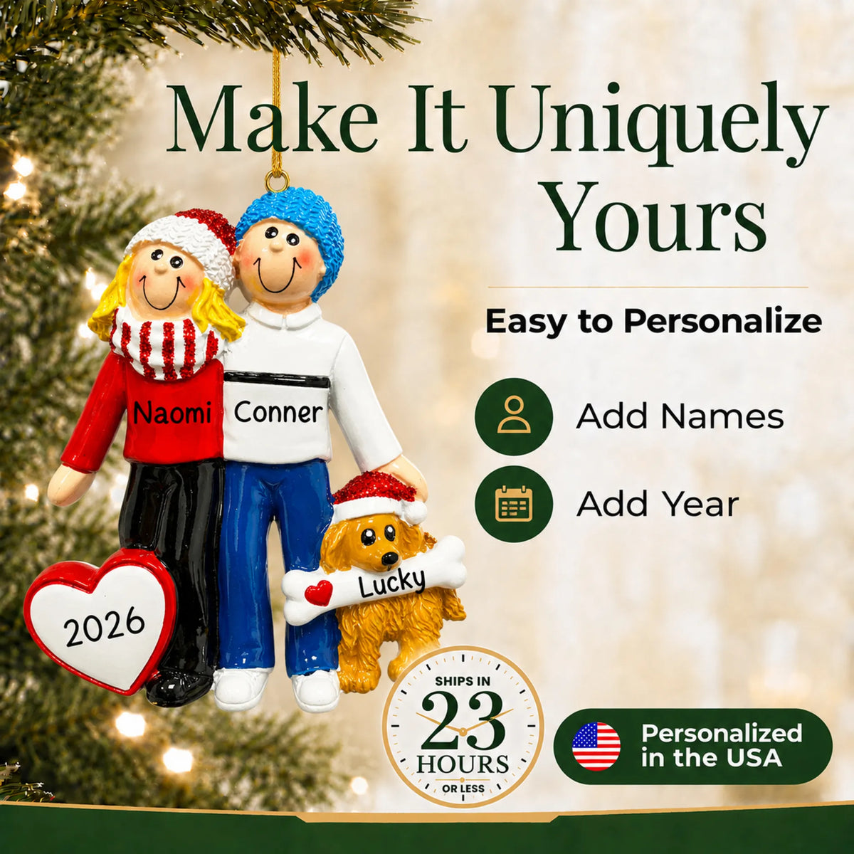 Make it yours: add names to the personalized blonde couple with dog christmas ornament