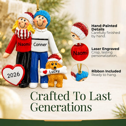 Hand-painted details and laser engraved personalization on the blonde couple with dog christmas ornament, ribbon included