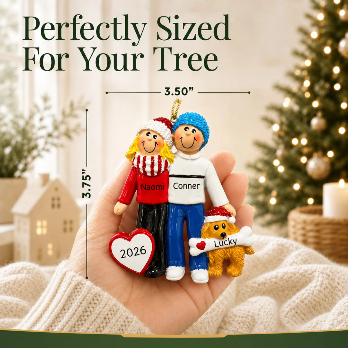 Size guide: the personalized blonde couple with dog christmas ornament is 3.50 in wide by 3.75 in tall, shown in hand