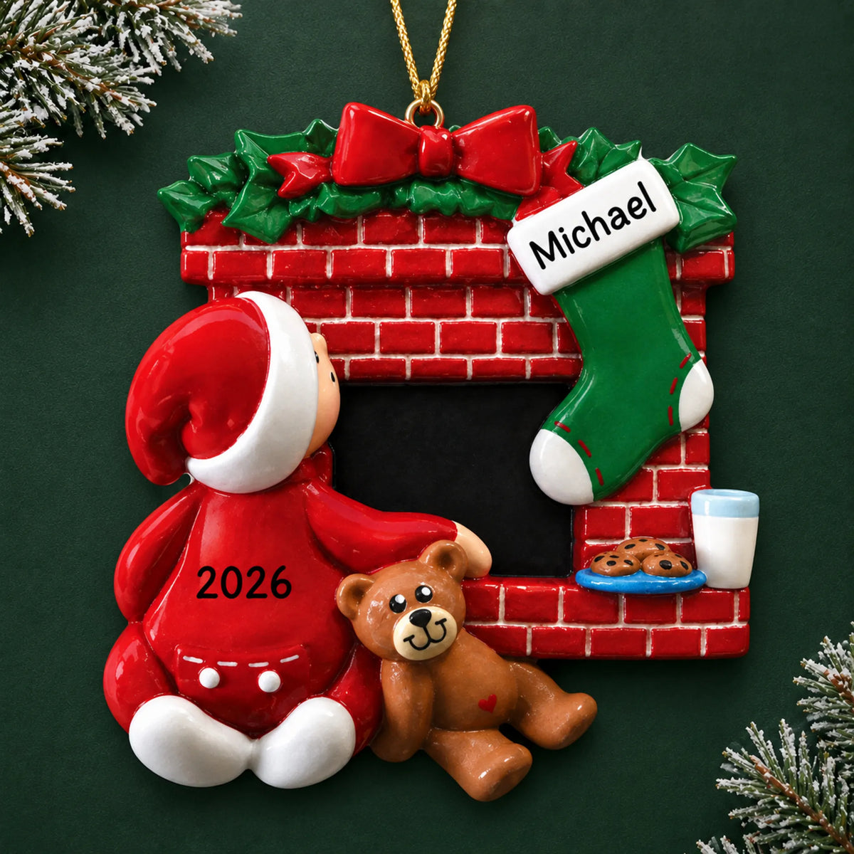Personalized Waiting for Santa christmas ornament on a dark green pine background