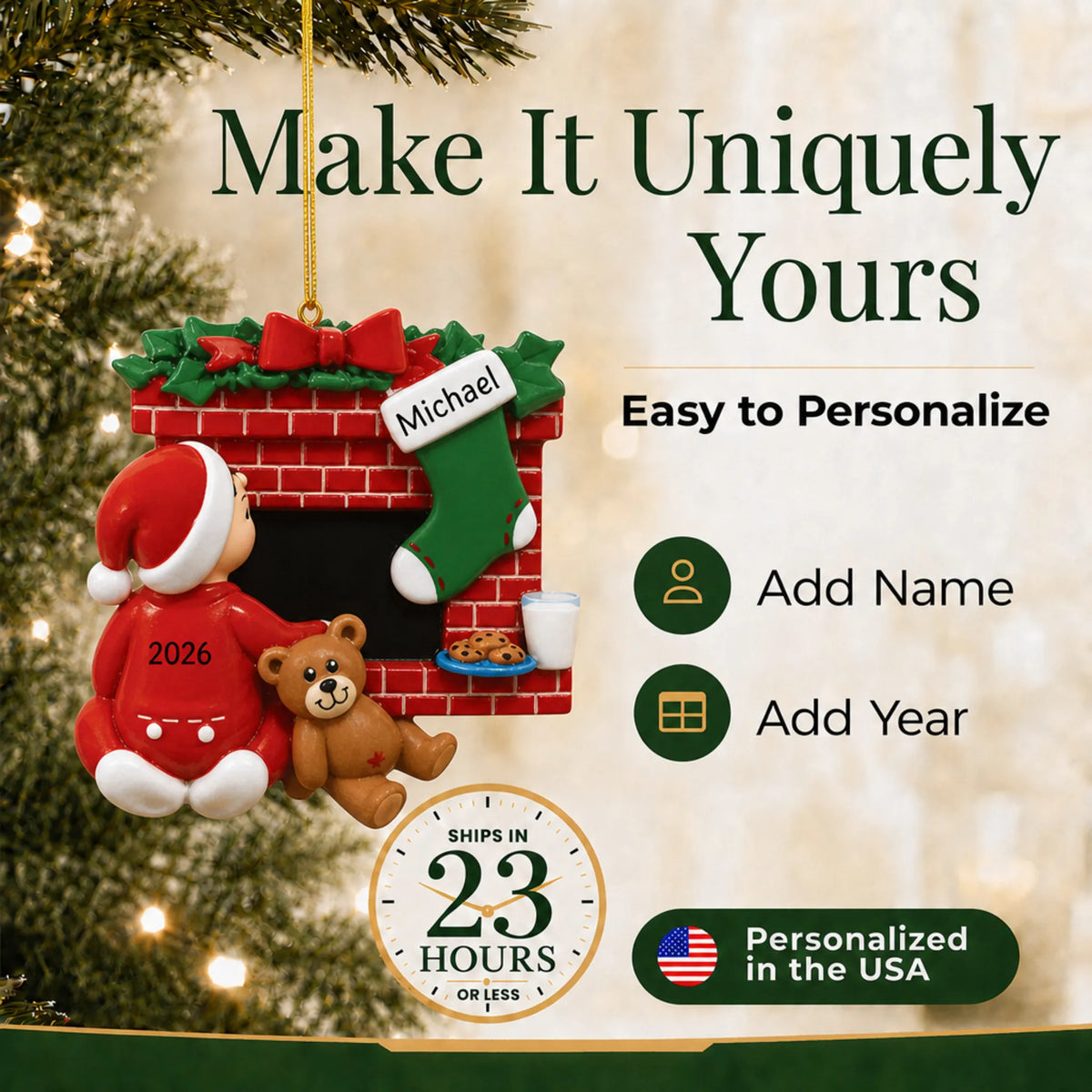 Make it yours: personalize the Waiting for Santa christmas ornament with a name and the year