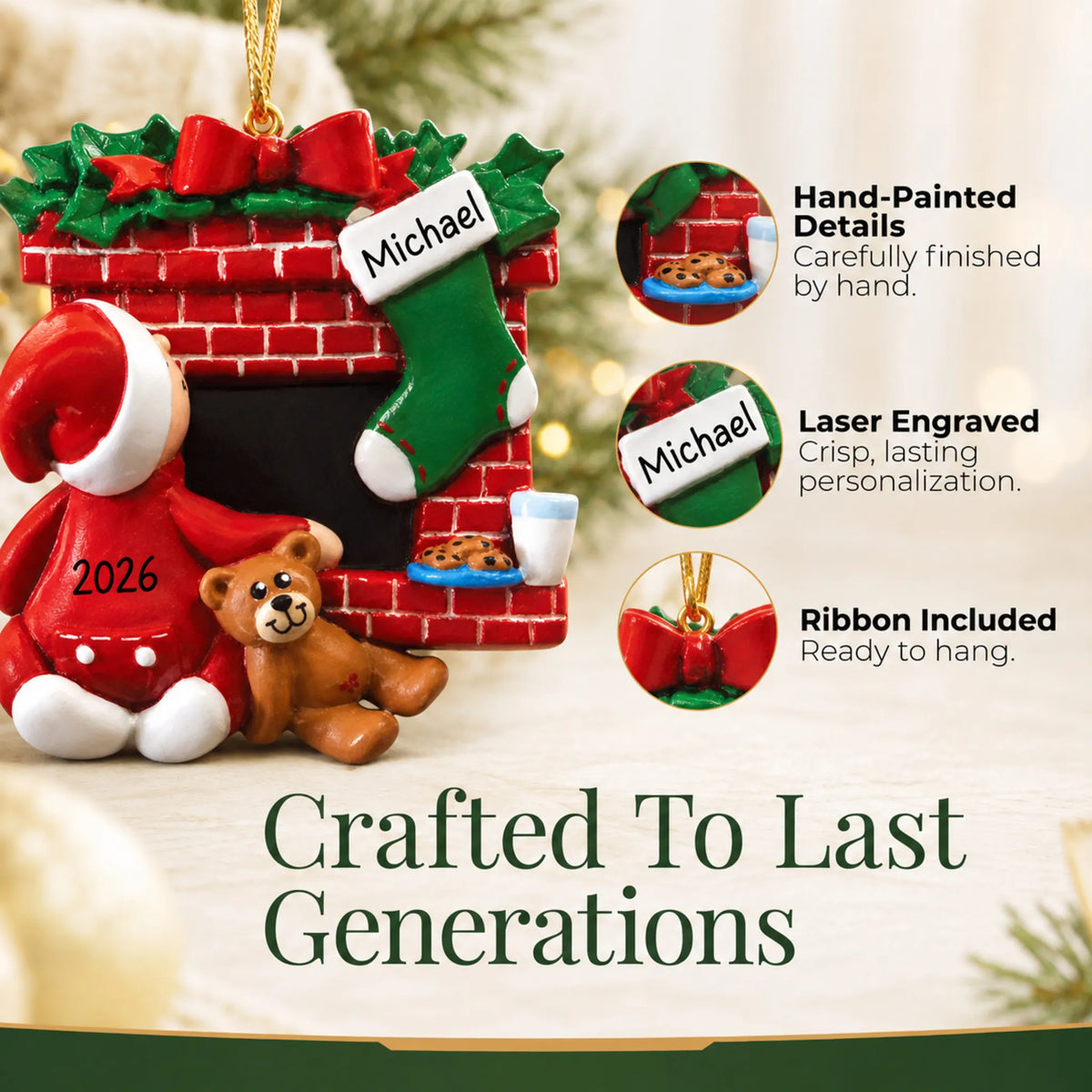 Hand-painted, laser engraved Waiting for Santa christmas ornament, ribbon included