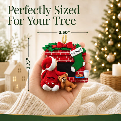 Size guide: the personalized Waiting for Santa christmas ornament is 3.50 in wide by 3.75 in tall, shown in hand