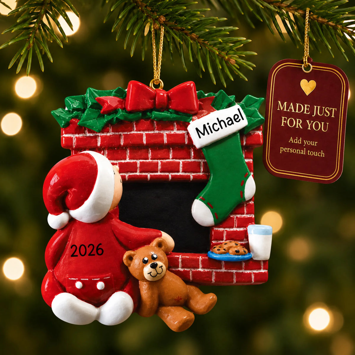 Waiting for Santa christmas ornament hanging on a lit Christmas tree with a Made Just For You gift tag