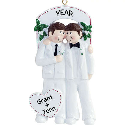 Personalized Christmas ornament with two men in white suits and a heart-shaped tag, ready for customization. 