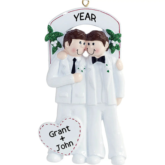 Personalized Christmas ornament with two men in white suits and a heart-shaped tag, ready for customization. 