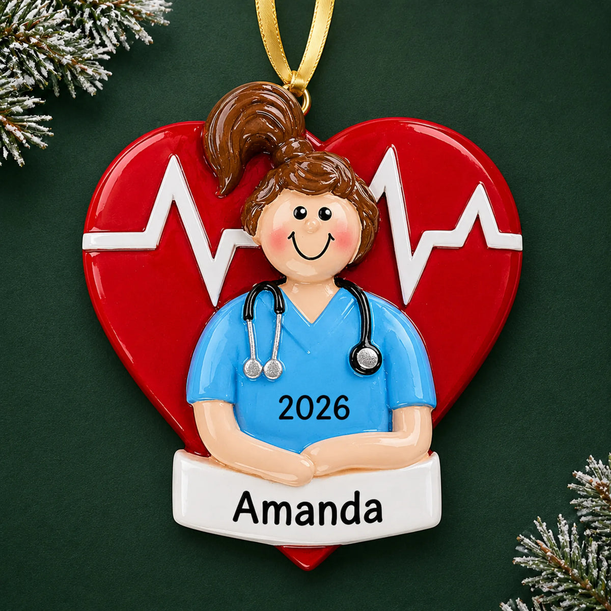 Personalized nurse red heart christmas ornament on a dark green pine background
