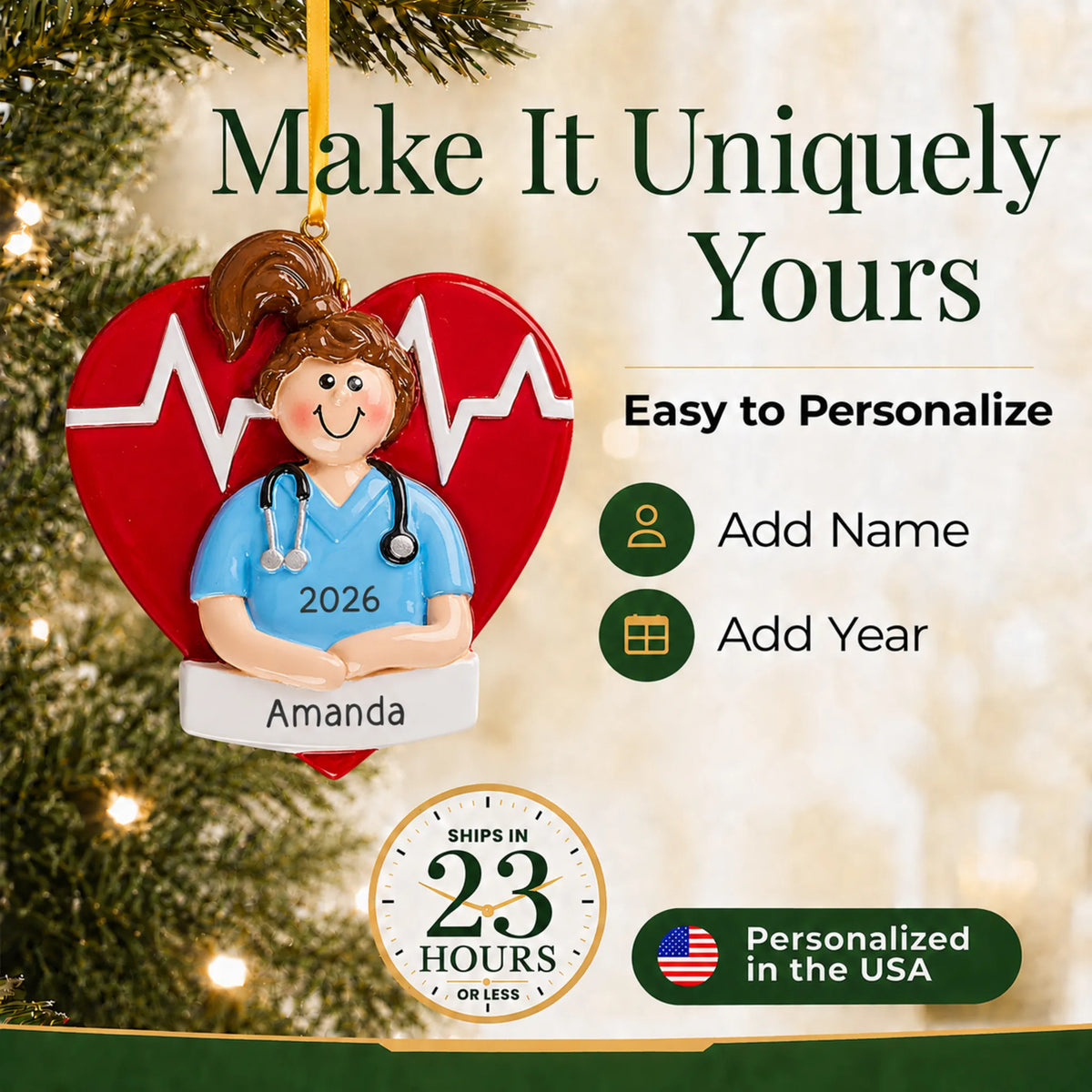 Make it yours: add name and year to the personalized nurse red heart christmas ornament