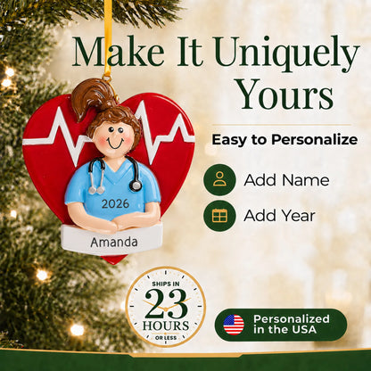 Make it yours: add name and year to the personalized nurse red heart christmas ornament