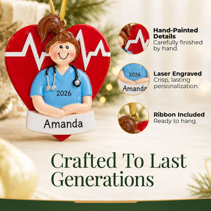 Hand-painted details and laser engraved personalization on the nurse red heart christmas ornament, ribbon included