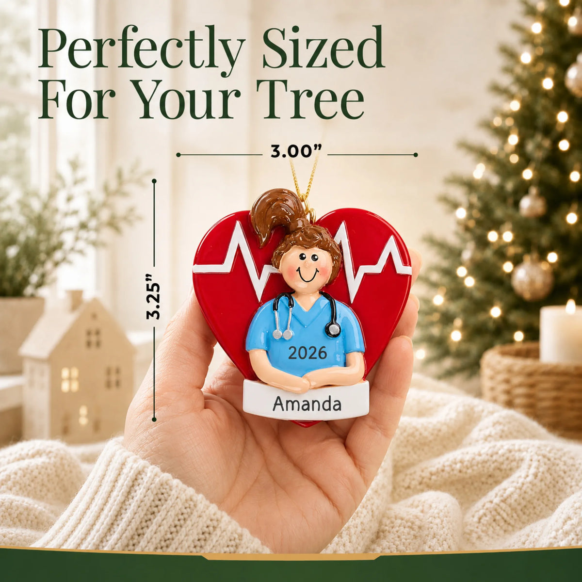 Size guide: the personalized nurse red heart christmas ornament is 3.00 in wide by 3.25 in tall, shown in hand