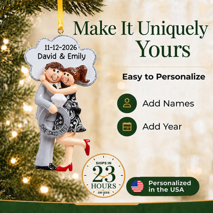 How to personalize the She Said Yes brunette couple Christmas ornament: add names and year, ships in 23 hours